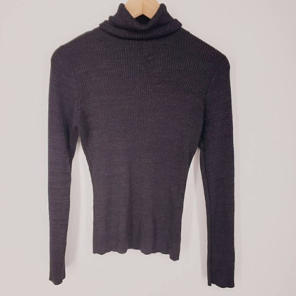 Zara Women's Black Ribbed Knit Metallic Turtleneck Sweater Size Medium‎